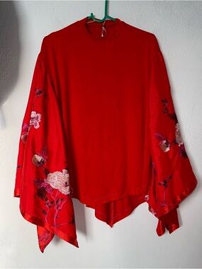 Free people❣️Red Floral Embroidered Bell Sleeve Top
